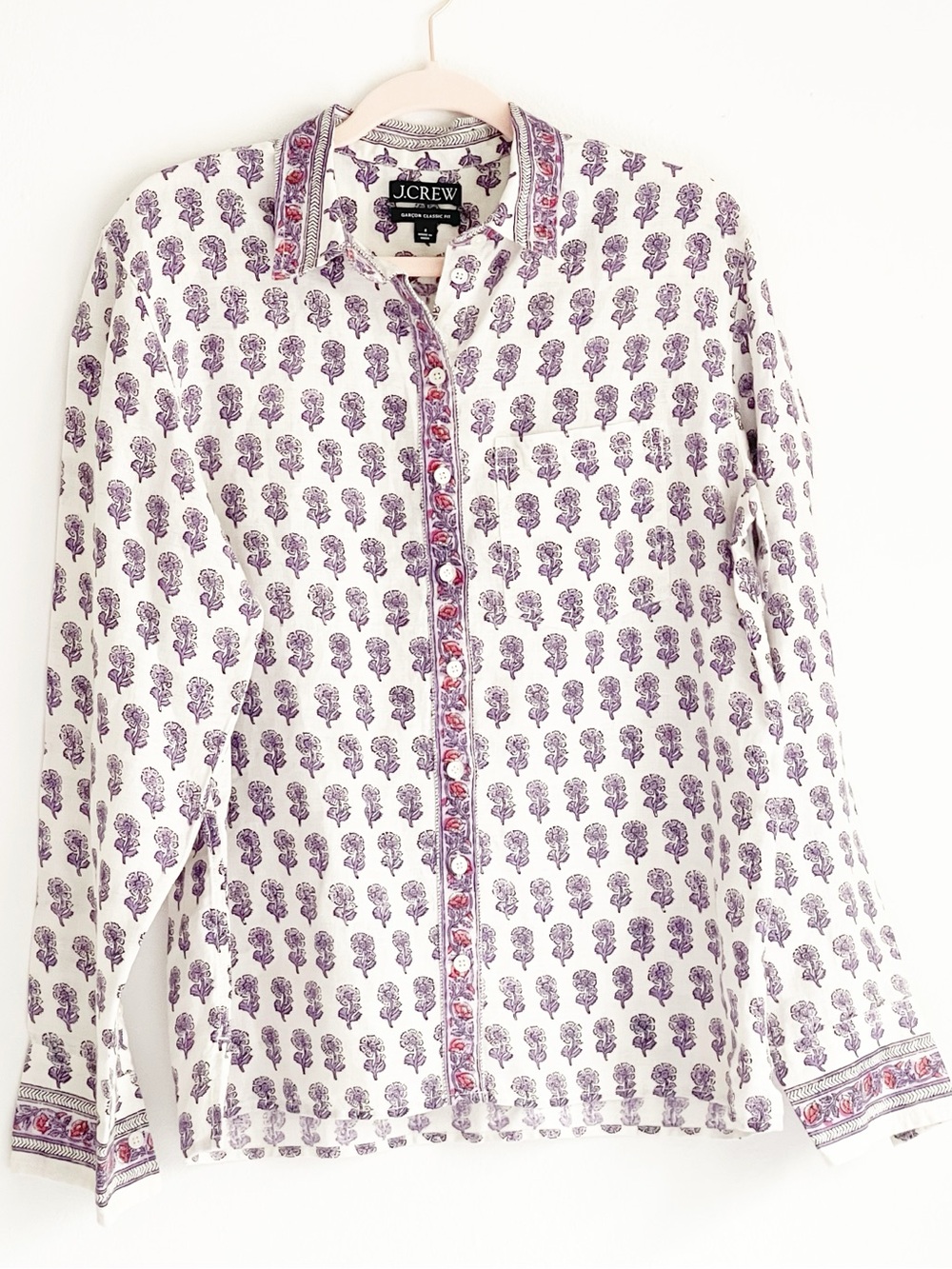 J.Crew Embellished Tropez Shirt Lilac Block Print Ramie Blouse Medium - Picture 5 of 8